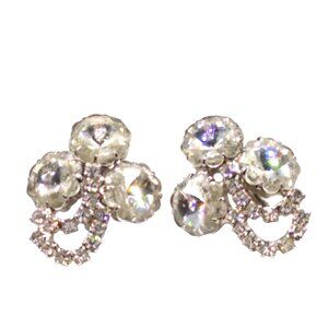 Vintage Clear Crystal Bouquet Earrings, Clip On Rivoli and Round Faceted Prong